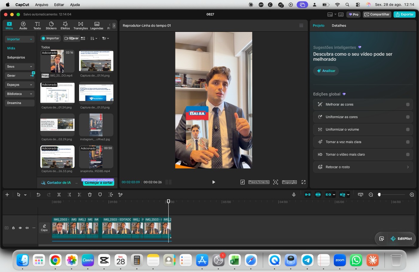 Projeto no CapCut com a capa de outro episódio sobreposta ao vídeo principal